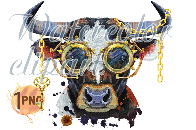 watercolor-illustration-of-black-bull-with-steampunk-glasses