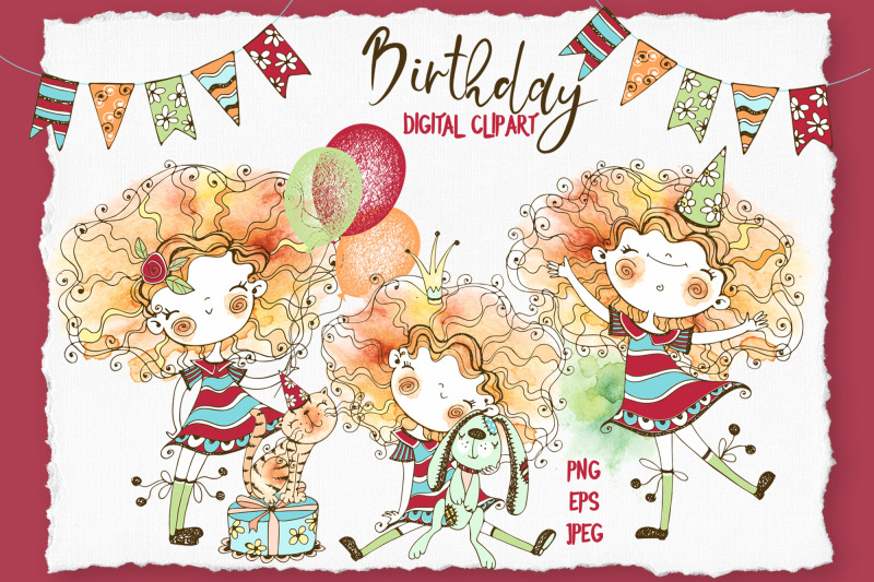 happy-birthday-girl-digital-cliparts-in-doodle-style-watercolor