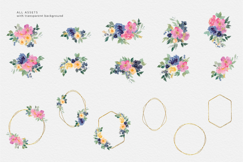 navy-pink-watercolor-floral-clipart-set