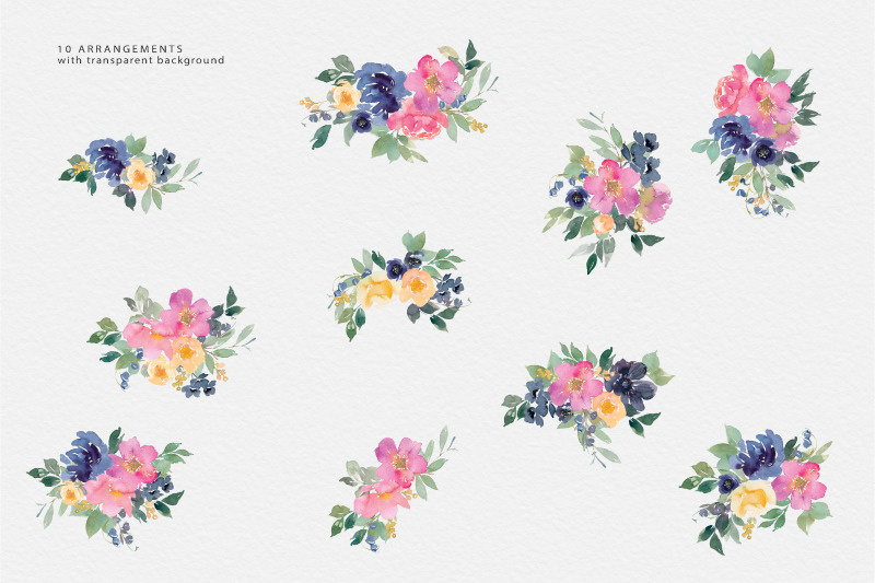 navy-pink-watercolor-floral-clipart-set