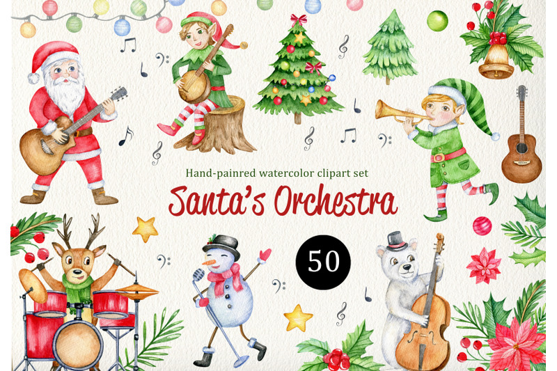 music-christmas-watercolor-clipart-cute-cartoon-santa-elf-reindeer
