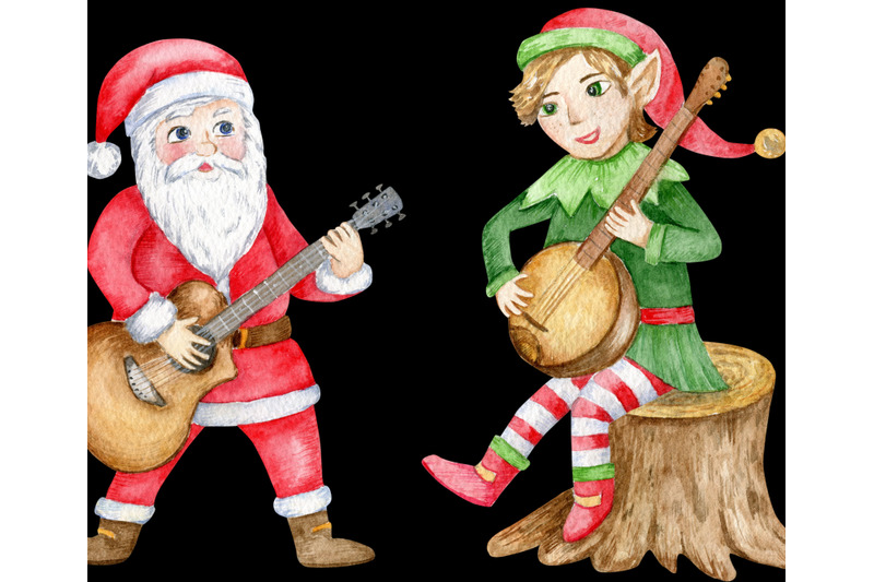 music-christmas-watercolor-clipart-cute-cartoon-santa-elf-reindeer