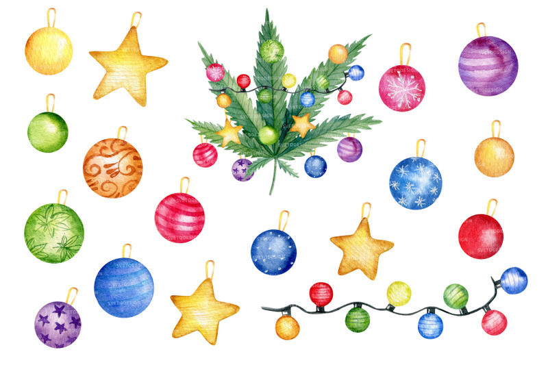 cannabis-christmas-watercolor-clipart-set-marijuana-leaves-png