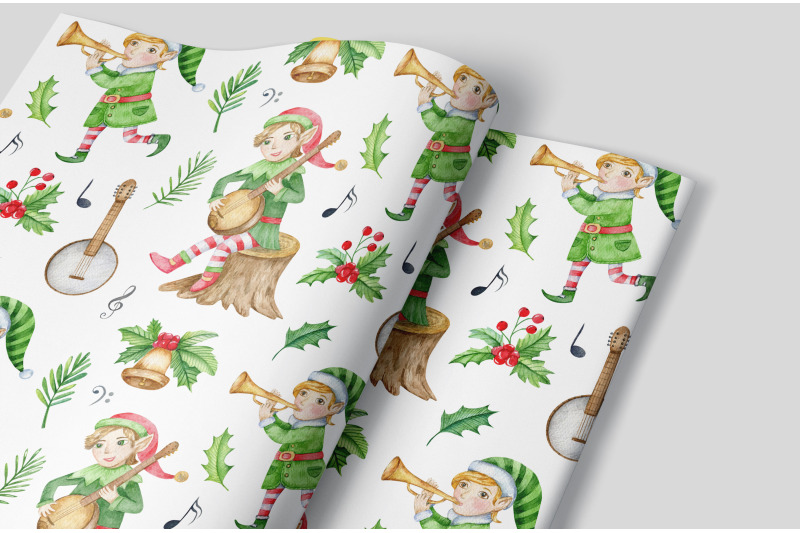 cute-christmas-watercolor-digital-paper-cartoon-santa-elf-reindeer