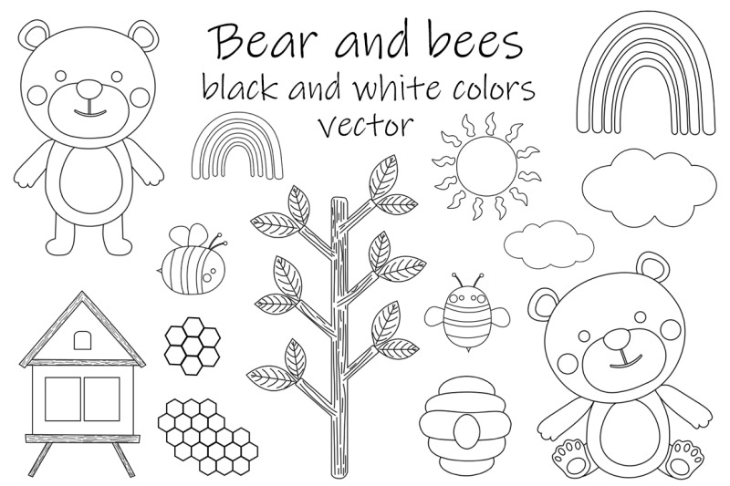 bear-and-bees-black-and-white-coloring-bear-svg-bees-svg