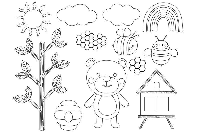 bear-and-bees-black-and-white-coloring-bear-svg-bees-svg