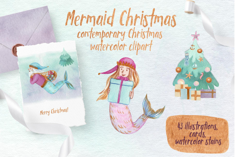 mermaid-christmas-watercolor-clipart-cute-illustrations