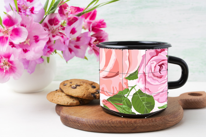 black-campfire-enamel-mug-mockup-with-pink-clarkia-flowers
