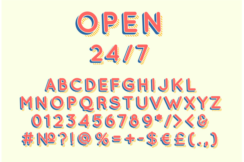 open-24-7-header-vintage-3d-vector-alphabet-set