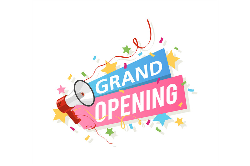 grand-opening-banner-promo-flyer-with-megaphone-ribbons-and-confetti