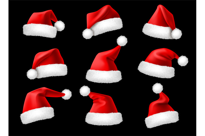 santa-claus-hats-realistic-christmas-holiday-red-caps-winter-holiday