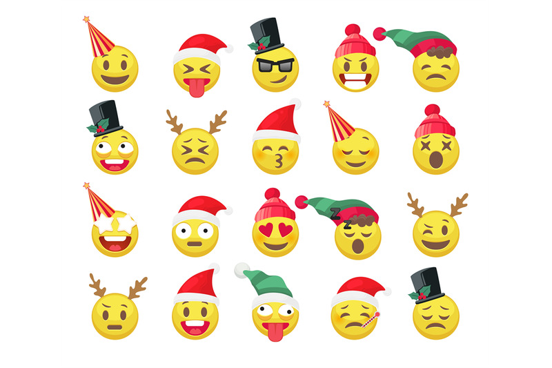 christmas-funny-emoji-cute-holiday-emotion-yellow-faces-in-hats-or-re