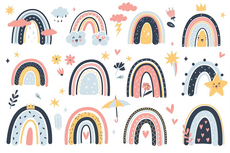 cute-weather-elements-childish-boho-rainbows-and-clouds-doodle-carto