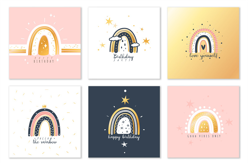 boho-rainbows-cards-cute-modern-rainbow-square-golden-greeting-cards