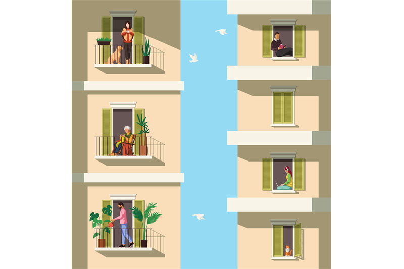 neighbors-on-balconies-people-rest-with-pets-reading-watering-plant