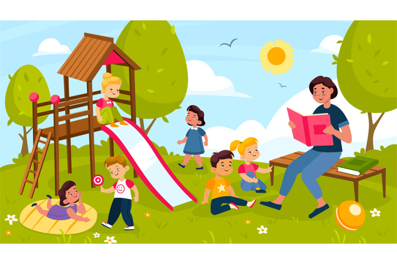 kids-playing-outdoor-cheerful-preschool-children-and-teacher-in-summe