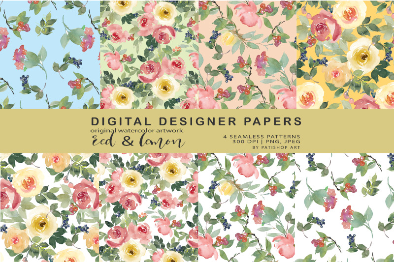 red-and-lemon-watercolor-floral-digital-paper