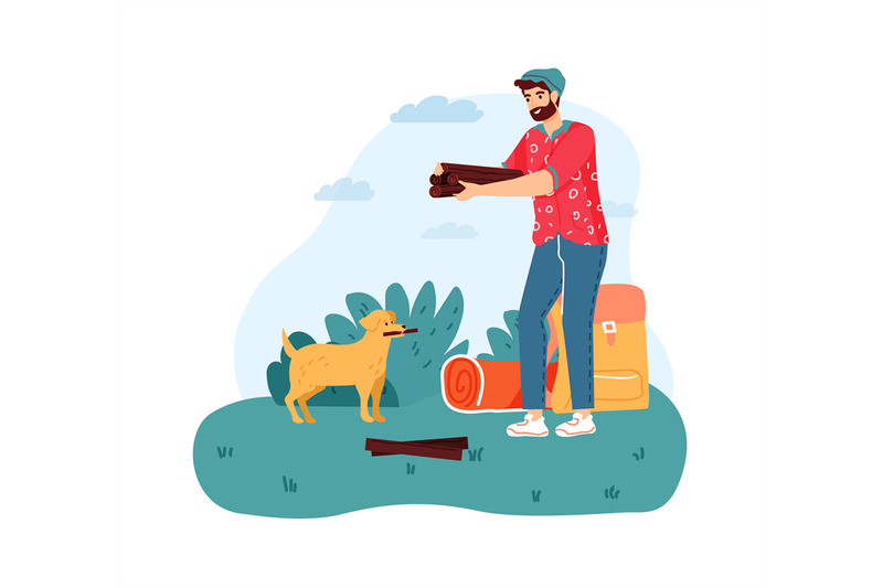 man-camping-holding-firewood-for-campfire-bearded-boy-with-dog-stops