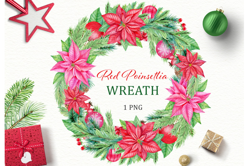 christmas-red-poinsettia-wreath-watercolor-clipart-christmas-star