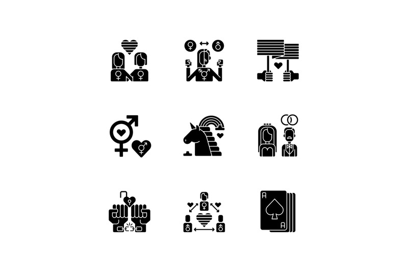 gay-symbolics-black-glyph-icons-set-on-white-space