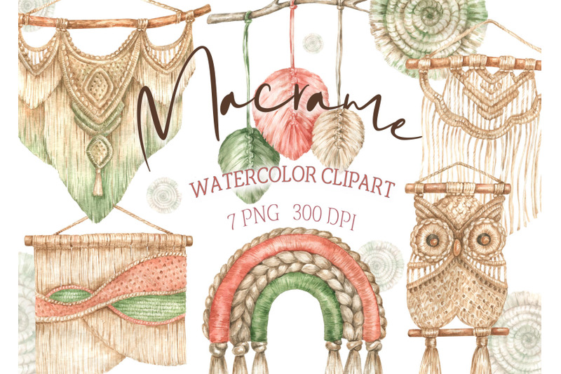 macrame-clipart-watercolor-home-decor-boho-design-vintage-wedding-png