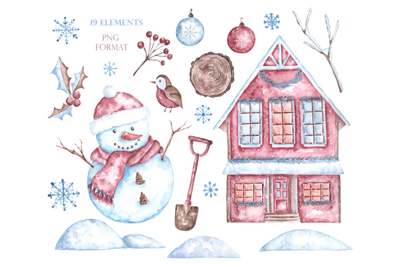 watercolor-clipart-snowman-christmas-house-natural-decor