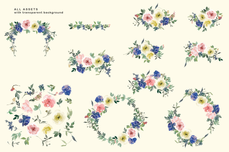 navy-blush-lemon-floral-clipart-set