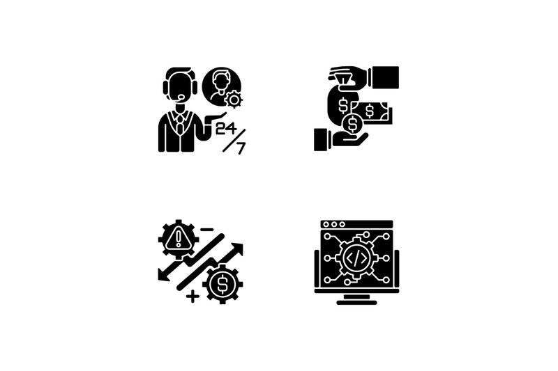 business-development-and-support-black-glyph-icons-set-on-white-space
