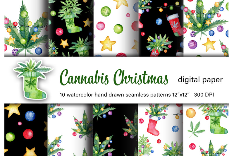 cannabis-christmas-watercolor-digital-paper-marijuana-patterns-set