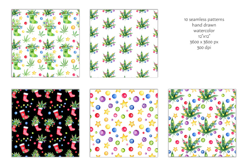 cannabis-christmas-watercolor-digital-paper-marijuana-patterns-set