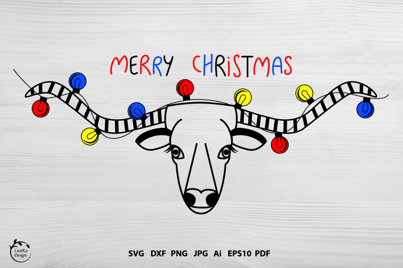 merry-christmas-lettering-cow-head-with-christmas-lights-svg