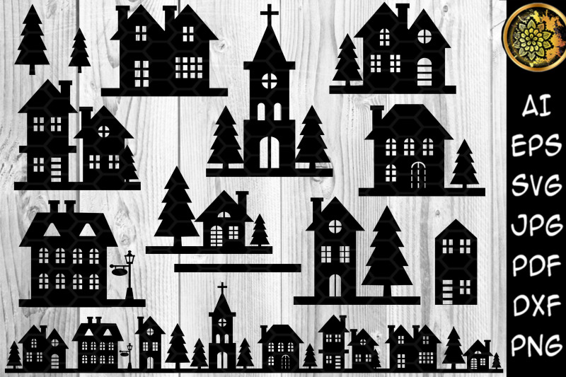 christmas-night-buildings-scene-svg-silhouette-design-clipart-set