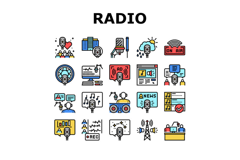 radio-studio-podcast-collection-icons-set-vector