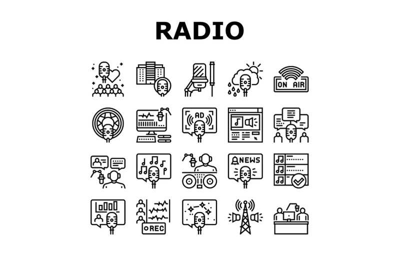 radio-studio-podcast-collection-icons-set-vector