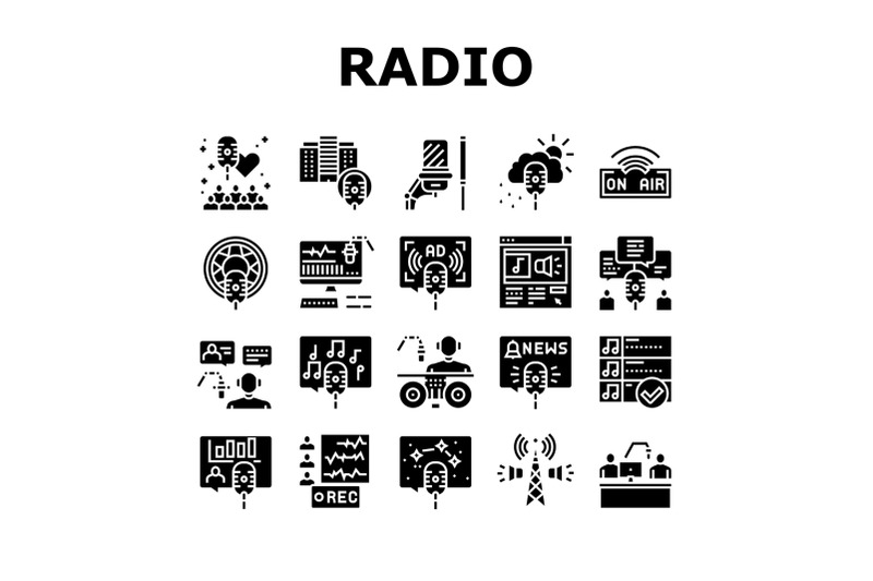 radio-studio-podcast-collection-icons-set-vector