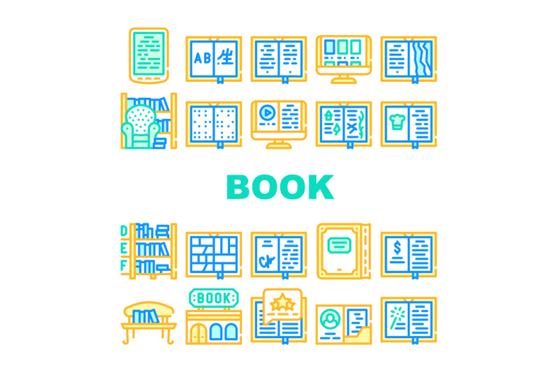 book-library-shop-collection-icons-set-vector