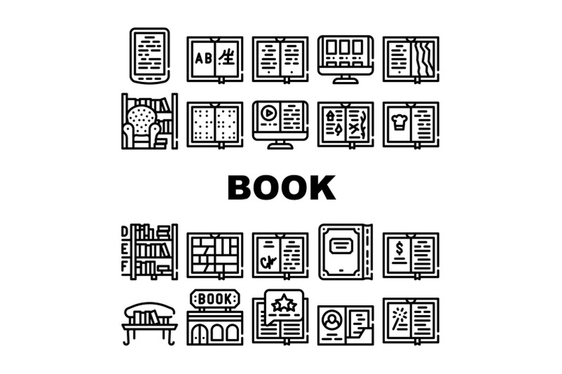 book-library-shop-collection-icons-set-vector