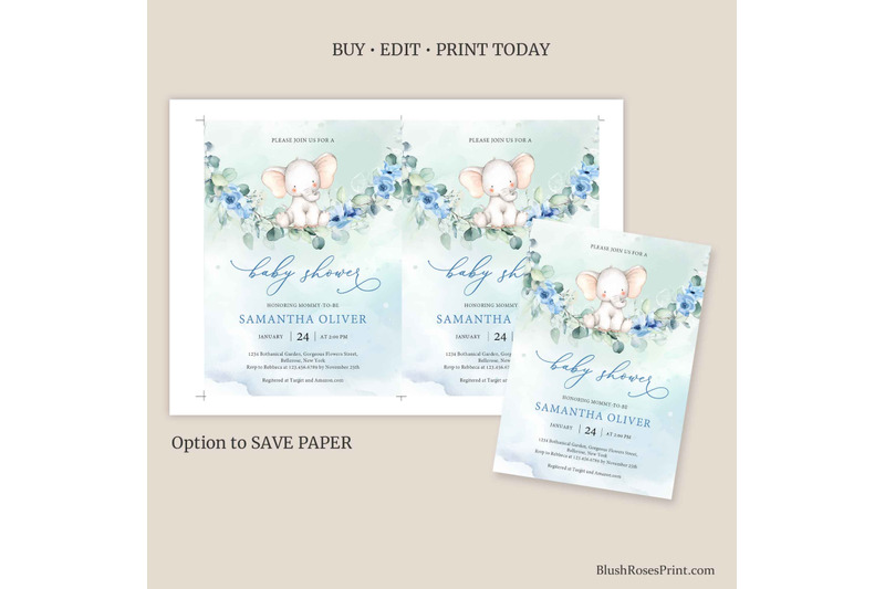 dusty-blue-floral-baby-elephant-and-eucalyptus-baby-shower-invite
