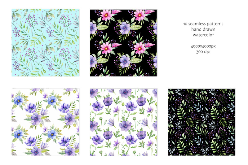 watercolor-wildflowers-digital-paper-pack-hand-drawn-violet-flowers
