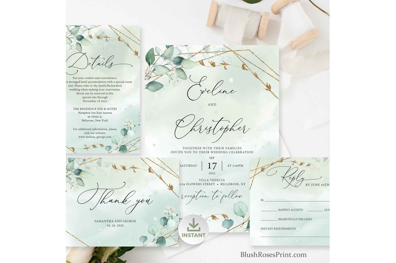 anys-boho-greenery-eucalyptus-and-faux-gold-geometric-wedding-invite