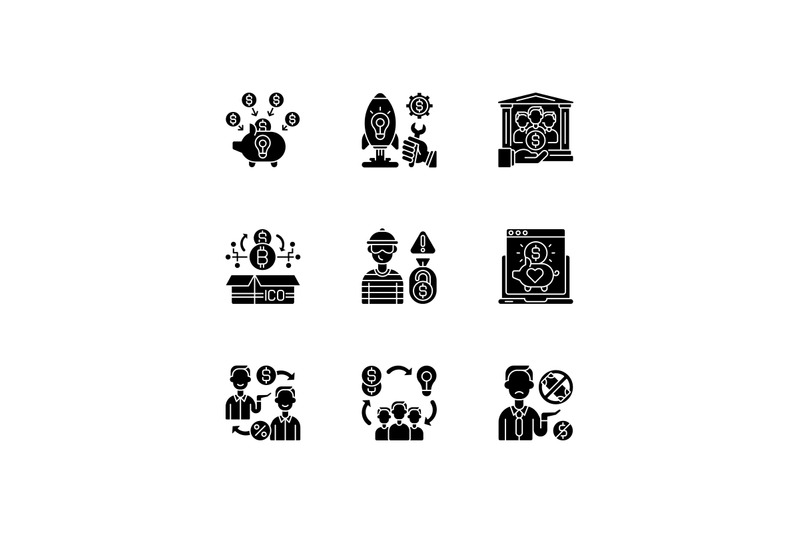 crowdfunding-types-black-glyph-icons-set-on-white-space