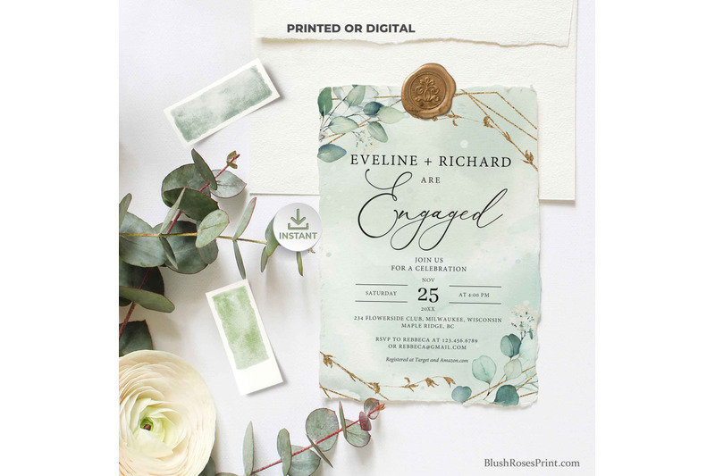 anys-greenery-eucalyptus-faux-gold-engagement-invitation-editable