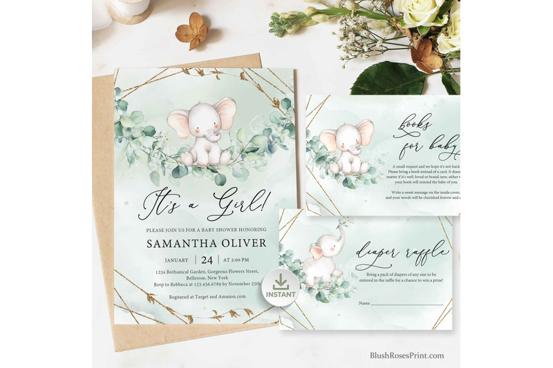 anys-cute-baby-elephant-baby-shower-invitation-set-greenery-and-gold