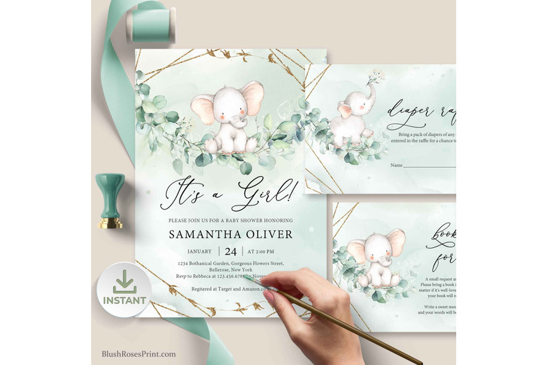 anys-cute-baby-elephant-baby-shower-invitation-set-greenery-and-gold