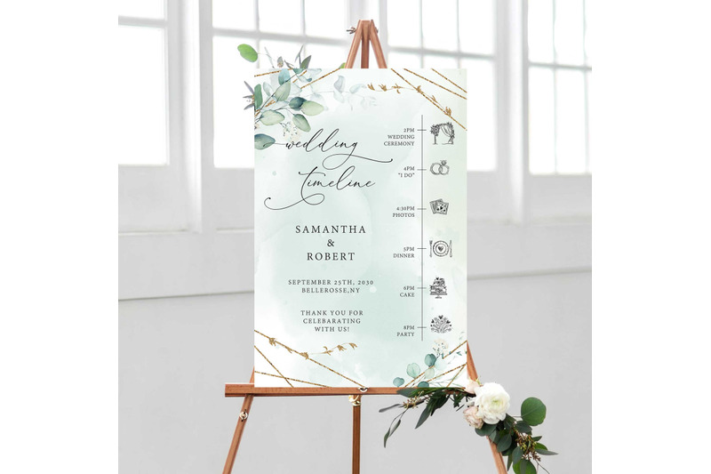 anys-boho-green-and-gold-frame-wedding-welcome-timeline-sign-large