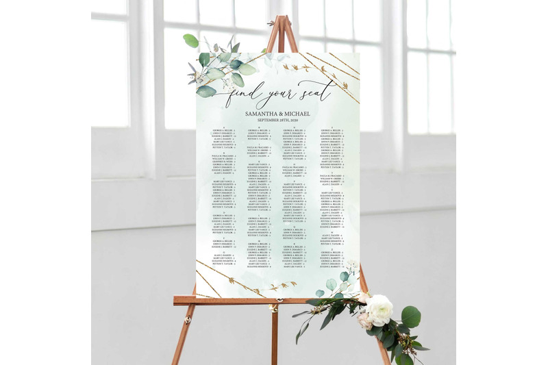 anys-greenery-and-gold-geomeric-frame-wedding-seating-chart-editable