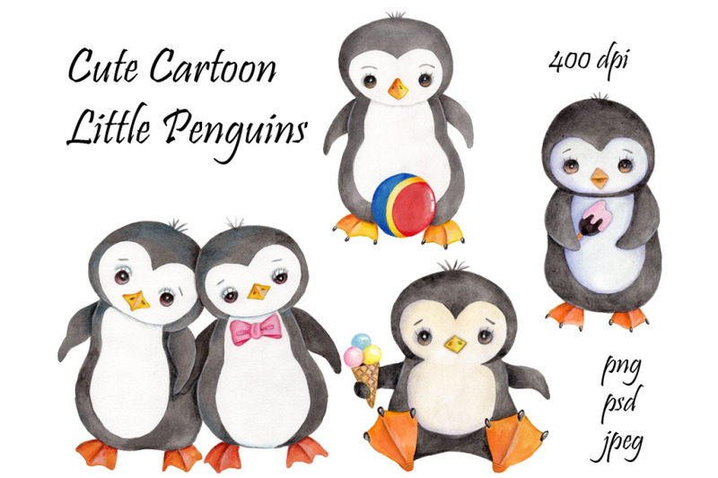 cute-cartoon-little-penguins-watercolor-illustrations