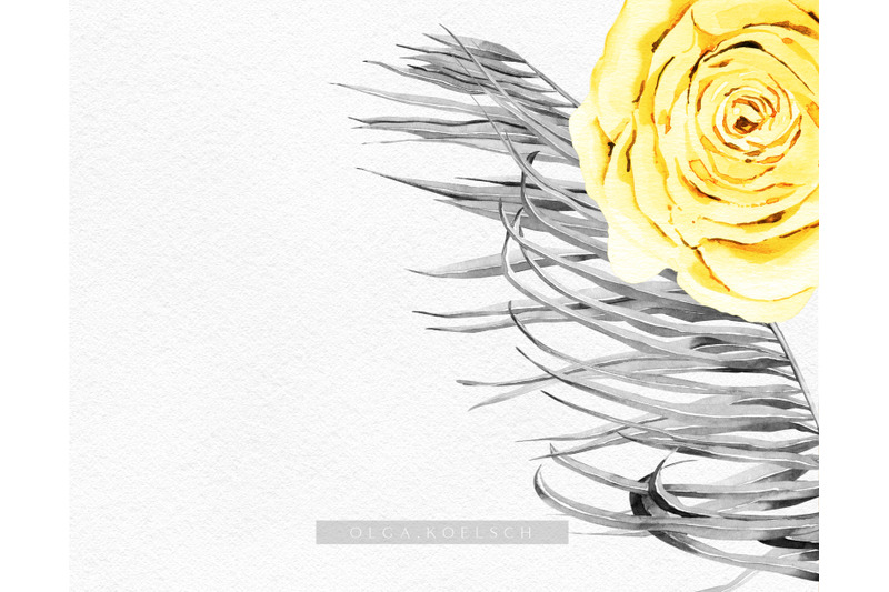 watercolor-gray-and-yellow-tropical-clipart-yellow-roses-gray-palm
