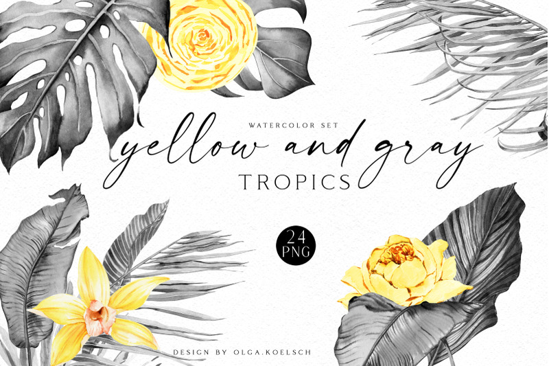 watercolor-gray-and-yellow-tropical-clipart-yellow-roses-gray-palm