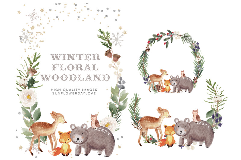 frame-watercolor-winter-woodland-christmas-animal-clipart